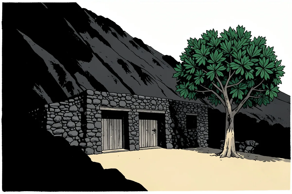 A low building of dark volcanic stone with two wooden doors and a small window, set against a slope of black lava, with a fig tree beside it
