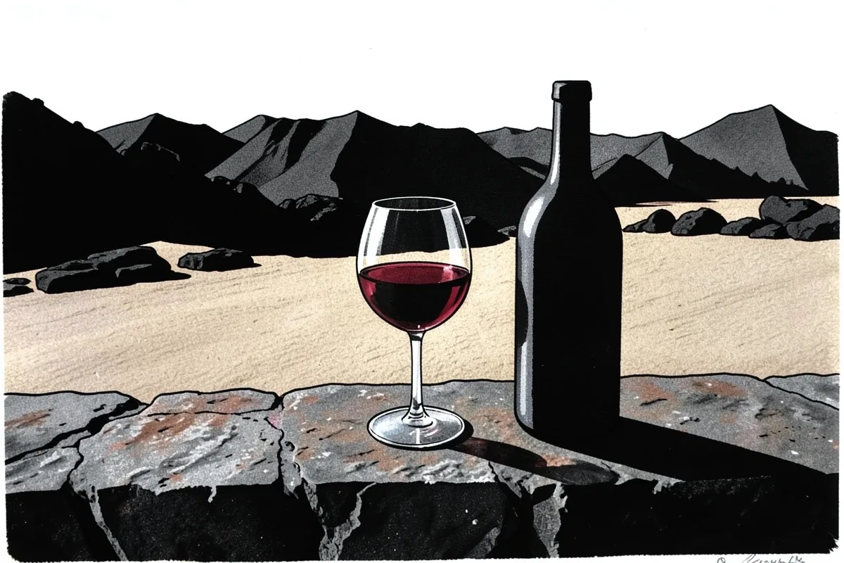Un rebord de pierre avec un verre de vin rouge et une bouteille de verre sombre à côté, avec une plaine de cendre et des montagnes noires derrière