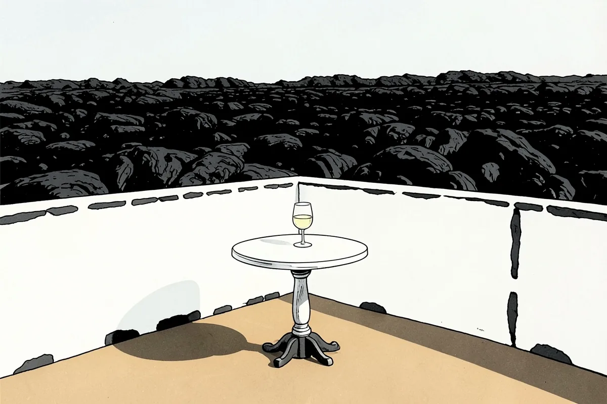 Une petite table ronde sur une terrasse de pierre avec un verre de vin blanc dessus, un mur blanc derrière et un champ de lave noire au fond