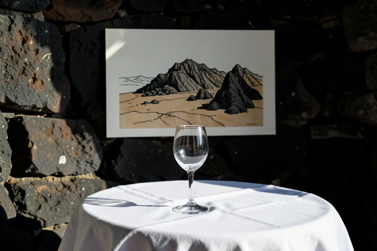 Ein Tisch mit weißem Tuch und einem Glas Wein darauf, in einem Raum mit dunklen Steinmauern und einem Bild einer Vulkanlandschaft im Hintergrund
