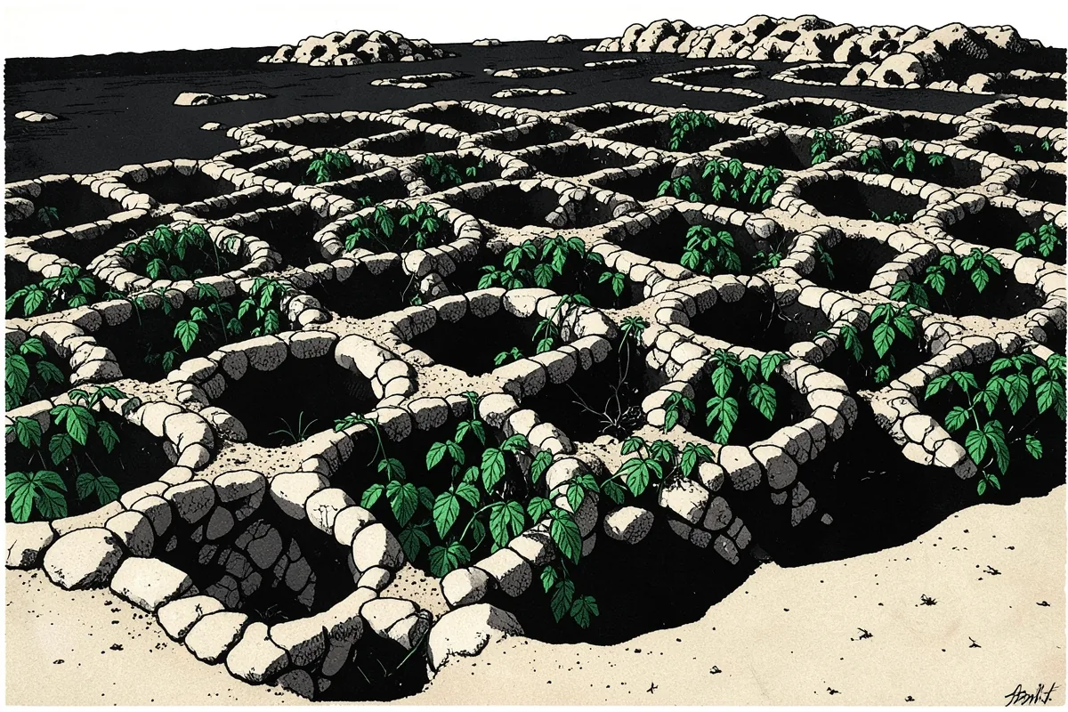 Un champ de fosses rondes de vigne, chacune entourée de pierres claires, disposées en rangs sur une plaine de cendre noire, avec des collines sombres derrière