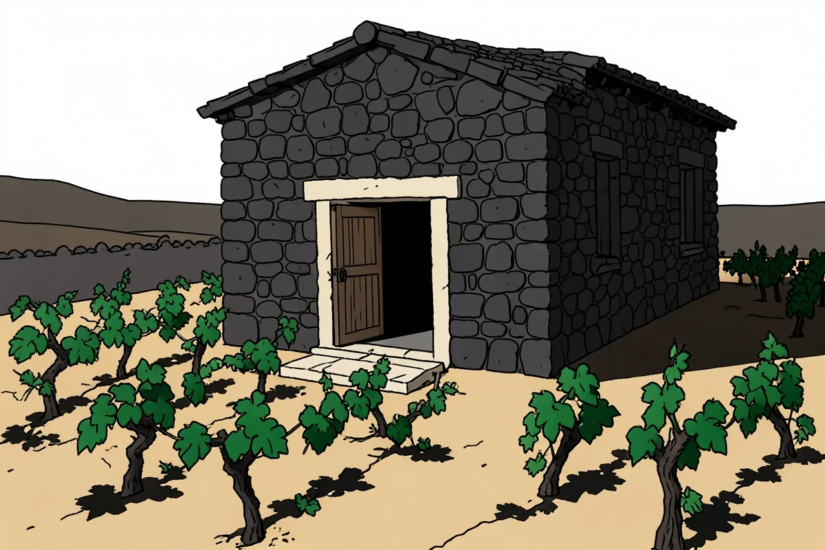 A low dark stone winery with its wooden gate open and a frame and step of pale stone, with vines around it and hills behind