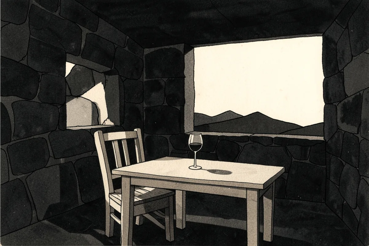 Une table en bois clair avec un verre de vin sombre dans une salle aux murs de pierre, une chaise à côté et deux fenêtres au fond par lesquelles entre la lumière