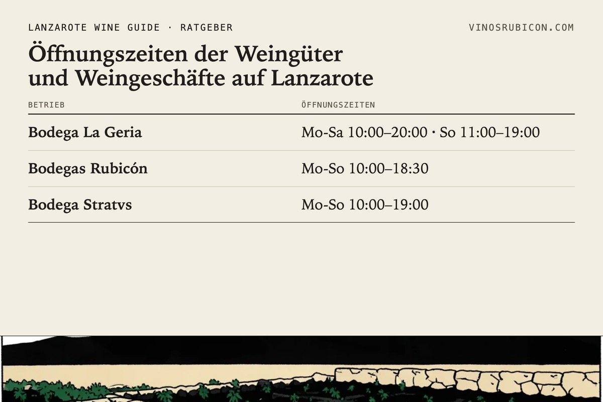 Öffnungszeiten der Weingüter und Weingeschäfte auf Lanzarote · Datenblatt